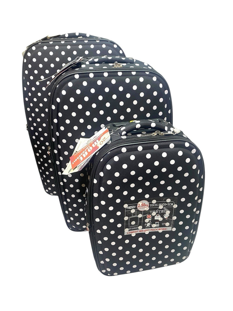 Frenzy Polka Dot 3 Piece Suitcase Set Wheeled Bag  21" 26" 29"  Black 2 Wheeled