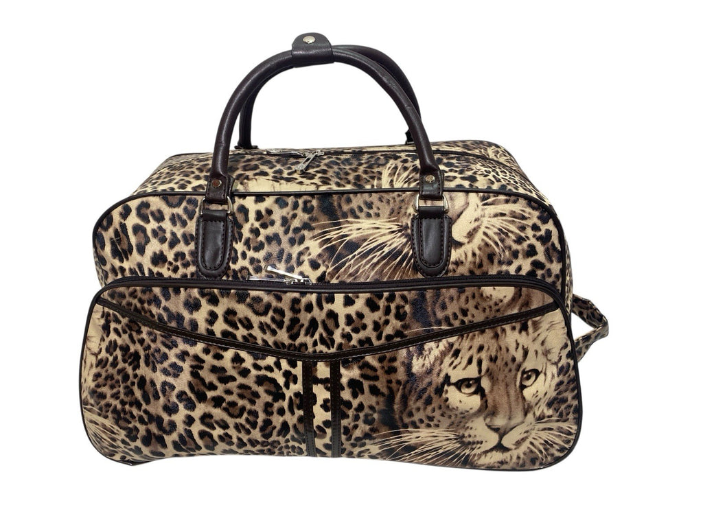 Ladies Leopard Animal Print Travel Holdall Wheeled Bag Fashion Hand Luggage New