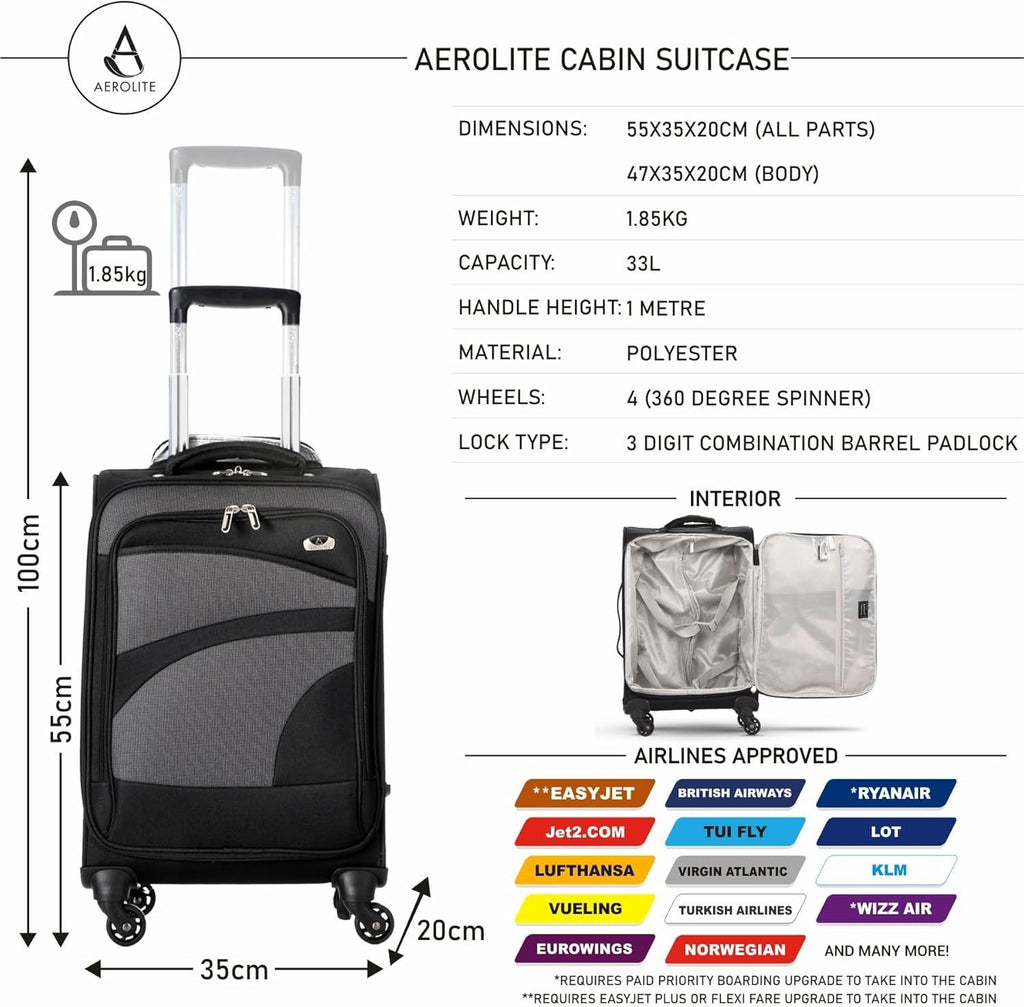 Aerolite 21" Lightweight 4 Wheel Carry On Hand Cabin Luggage Suitcase 33L Black