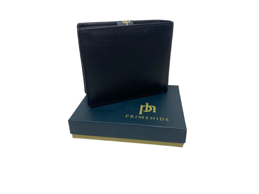 Primehide Mens Soft Luxury Leather Trifold Wallet Credit Card Black Gift Boxed