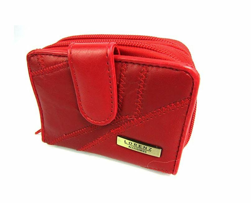 Lorenz 12cm Soft Leather Patchwork Twin Zip Round Purse Wallet ID Window Red